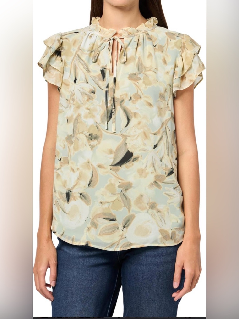 Anne Klein Sage and Beige Floral Tie-Neck Ruffle Sleeve Blouse size M